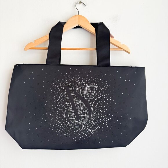 Victorias Secret Black Satin Rhinestone Large Weekender  Tote Bag NWT - Picture 2 of 6